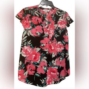 CALVIN KLEIN FLORAL BLOUSE V-NECK FLUTTER SLEEVES WOMENS PINK COLOR SIZE SMALL